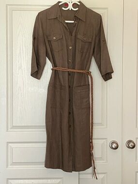 Utility-Style Brown Linen Midi Shirt Dress